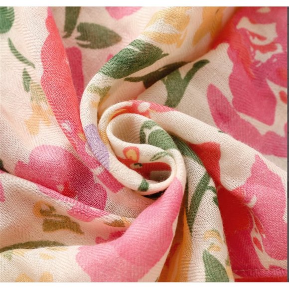 Tropical floral scarves for summer shawls and wraps pink yellow bohemian scarf - Picture 4 of 5